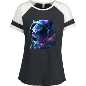 Cat Astronaut In Space Suit And Helmet In The Cosmos Funny Enza Ladies Jersey Colorblock Tee