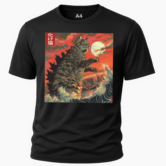 Catzilla Attacking Japan Funny Cute Cat Anime Style Cooling Performance Crew T-Shirt