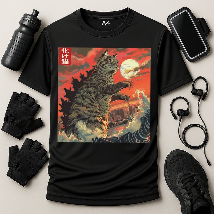Catzilla Attacking Japan Funny Cute Cat Anime Style Cooling Performance Crew T-Shirt
