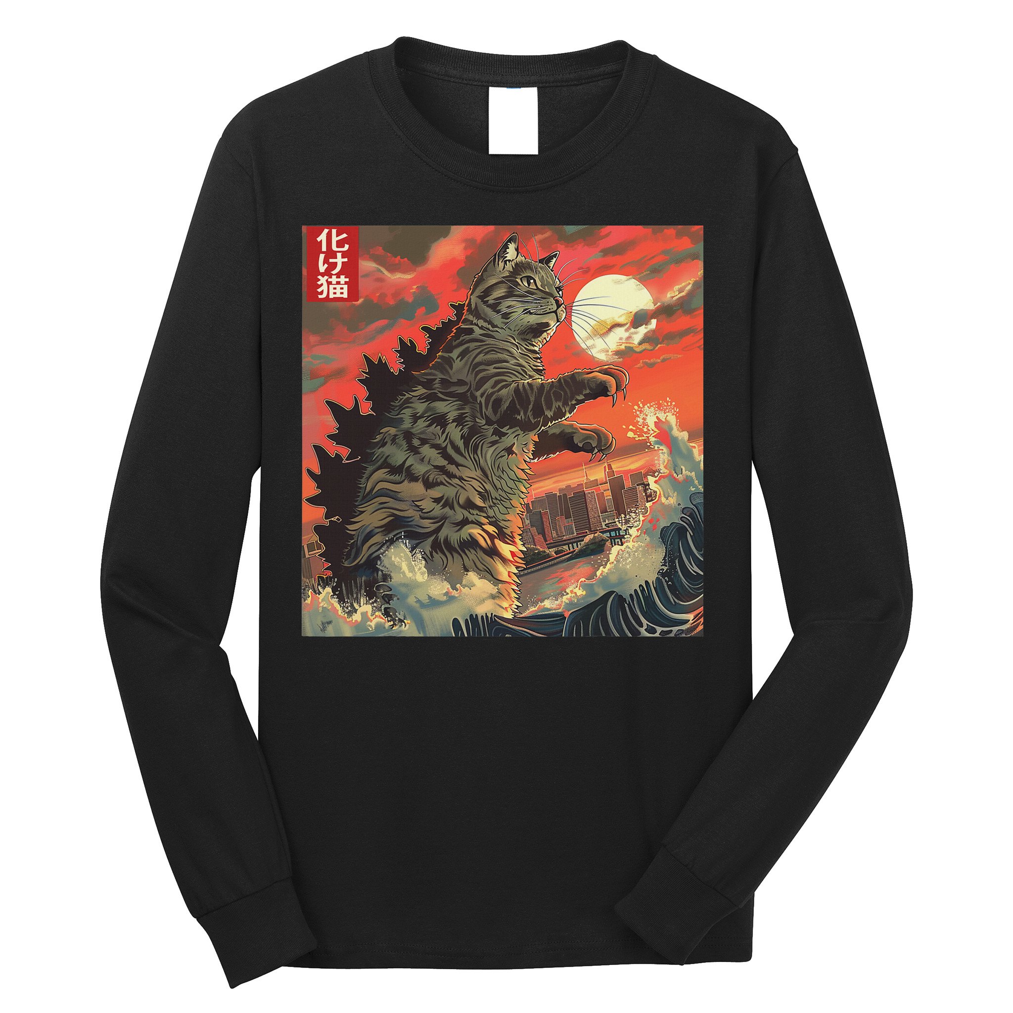Catzilla Attacking Japan Funny Cute Cat Anime Style Long Sleeve Shirt