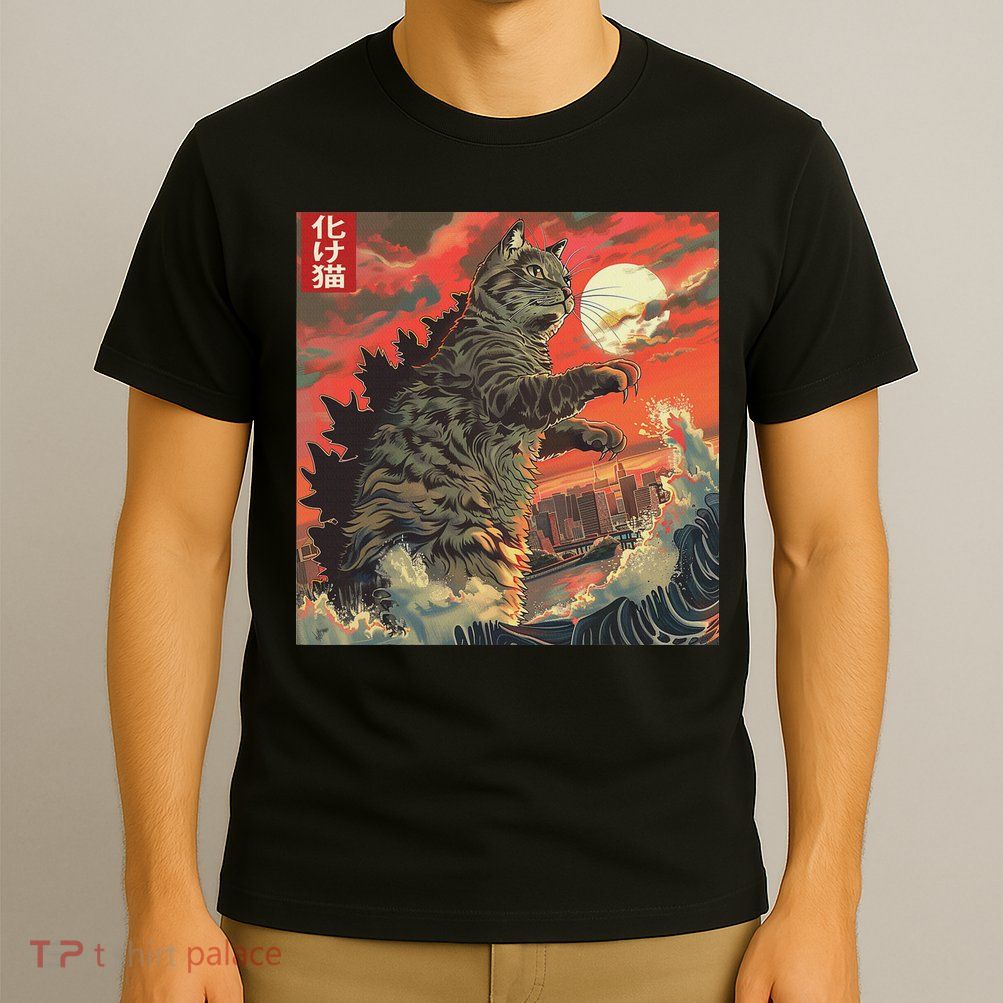Catzilla Attacking Japan Funny Cute Cat Anime Style T-Shirt