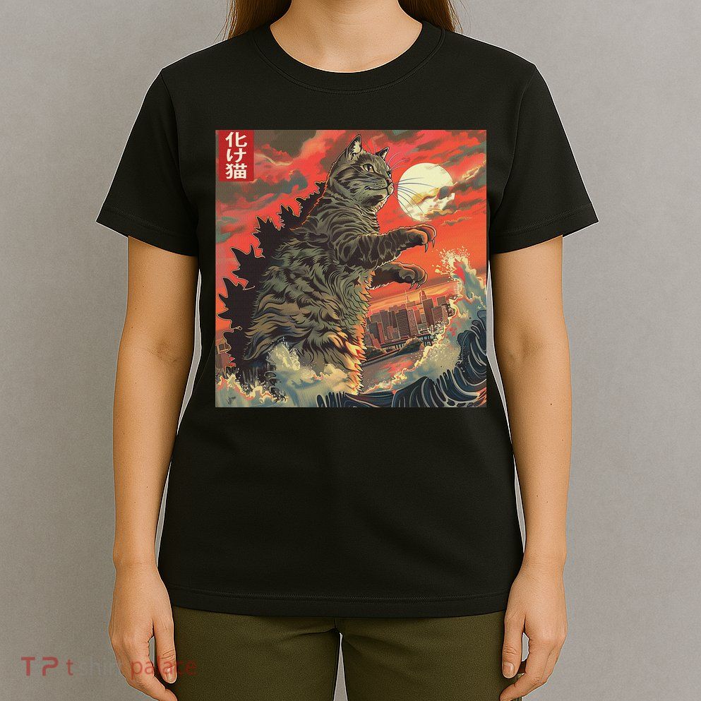 Catzilla Attacking Japan Funny Cute Cat Anime Style T-Shirt