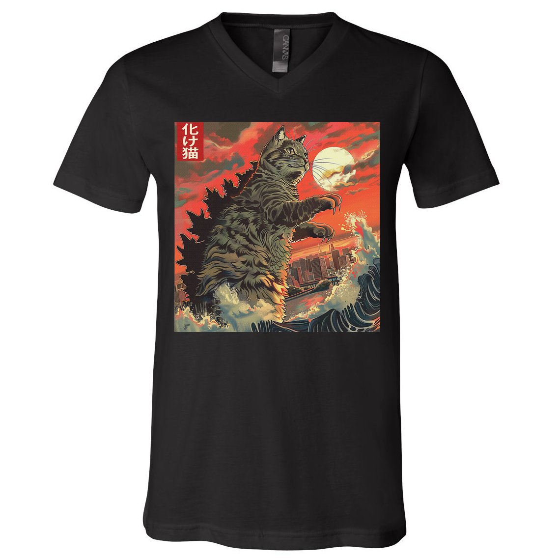 Catzilla Attacking Japan Funny Cute Cat Anime Style V-Neck T-Shirt