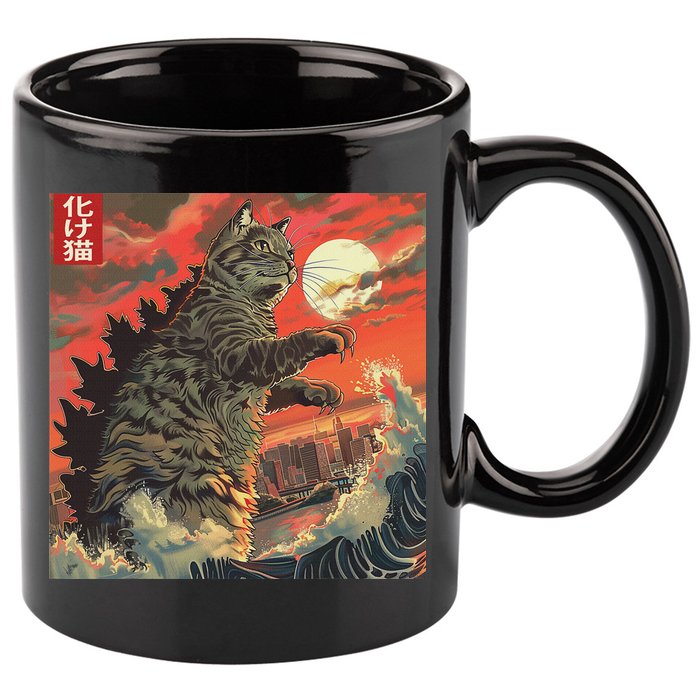 Catzilla Attacking Japan Funny Cute Cat Anime Style 11oz C Handle Ceramic Mug