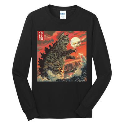 Catzilla Attacking Japan Funny Cute Cat Anime Style Tall Long Sleeve T-Shirt