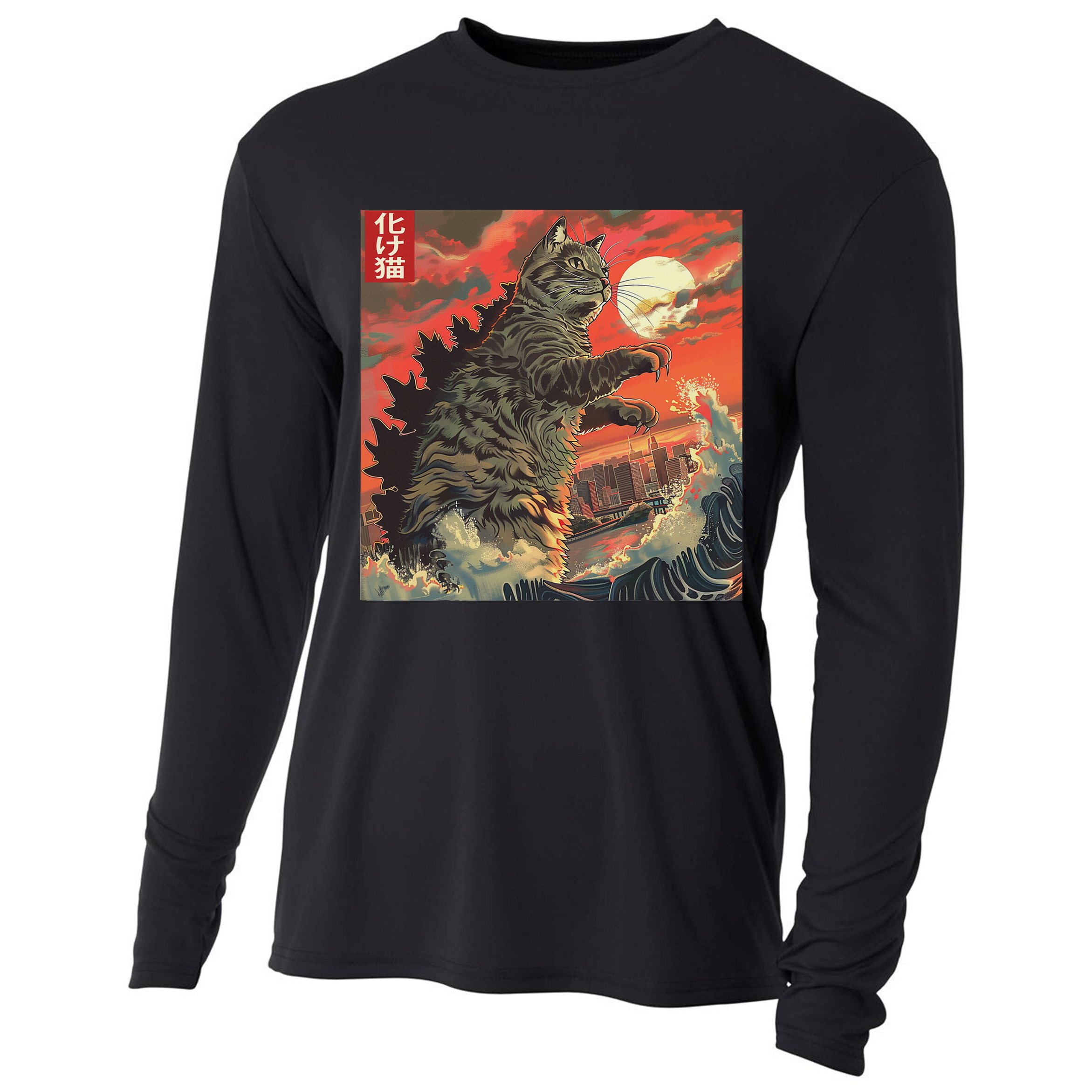 Catzilla Attacking Japan Funny Cute Cat Anime Style Cooling Performance Long Sleeve Crew