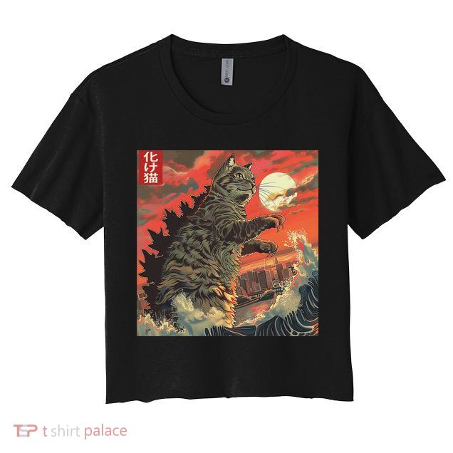 Catzilla Attacking Japan Funny Cute Cat Anime Style Crop Top