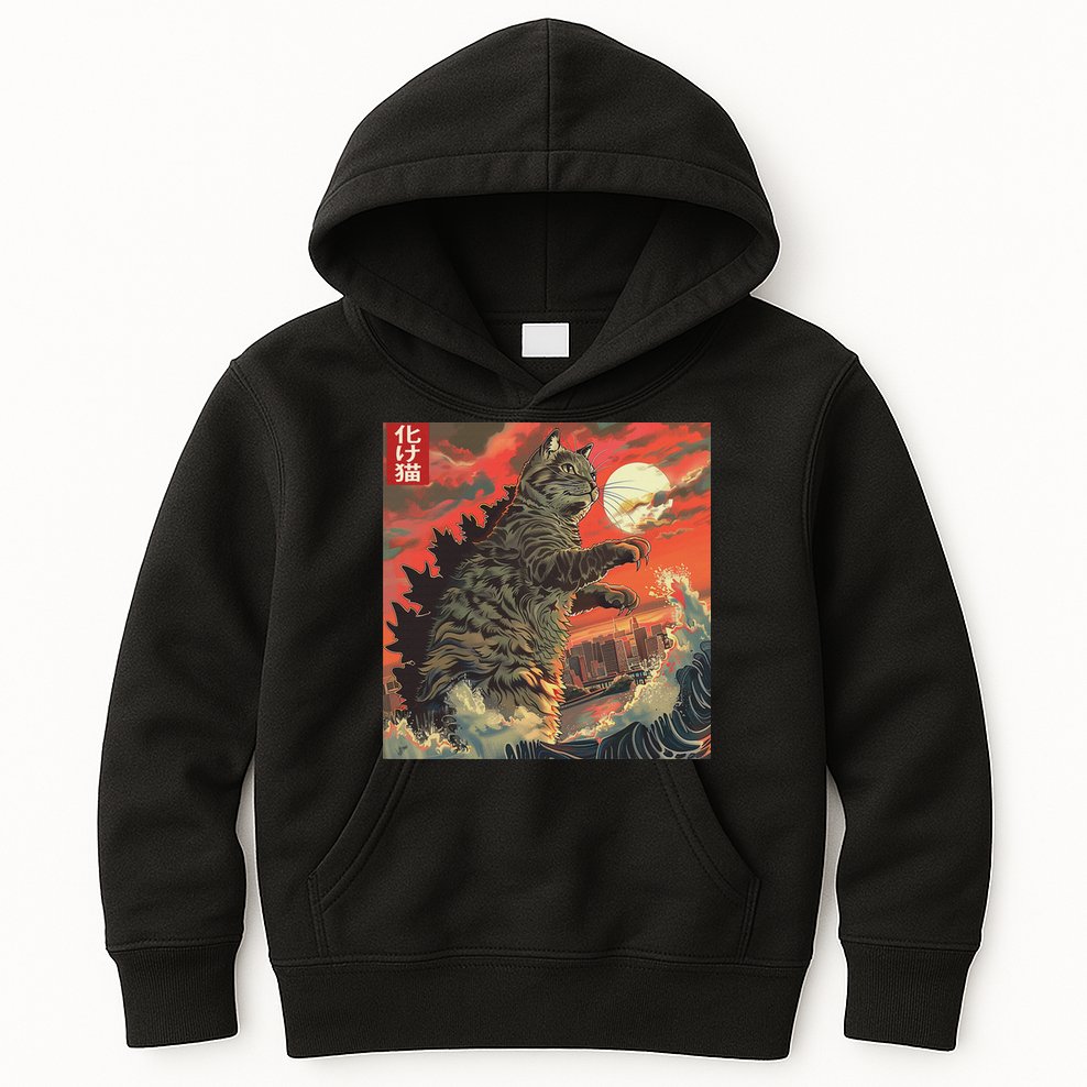 Catzilla Attacking Japan Funny Cute Cat Anime Style Kids Hoodie