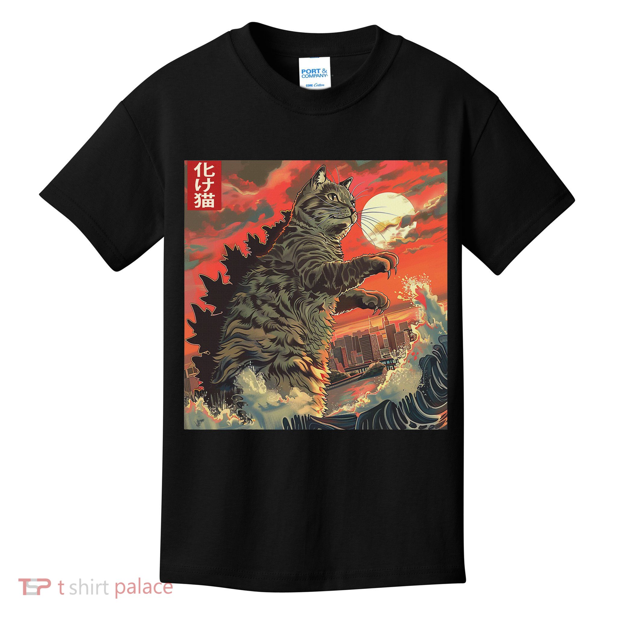 Catzilla Attacking Japan Funny Cute Cat Anime Style Kids T-Shirt