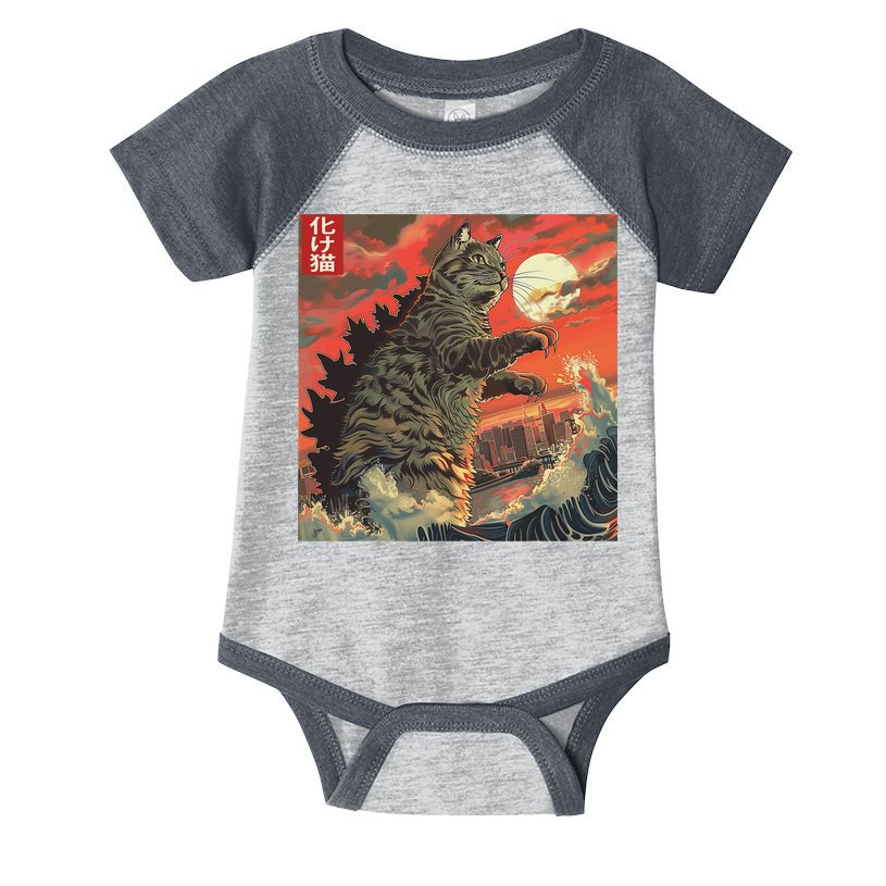 Catzilla Attacking Japan Funny Cute Cat Anime Style Infant Baby Jersey Bodysuit
