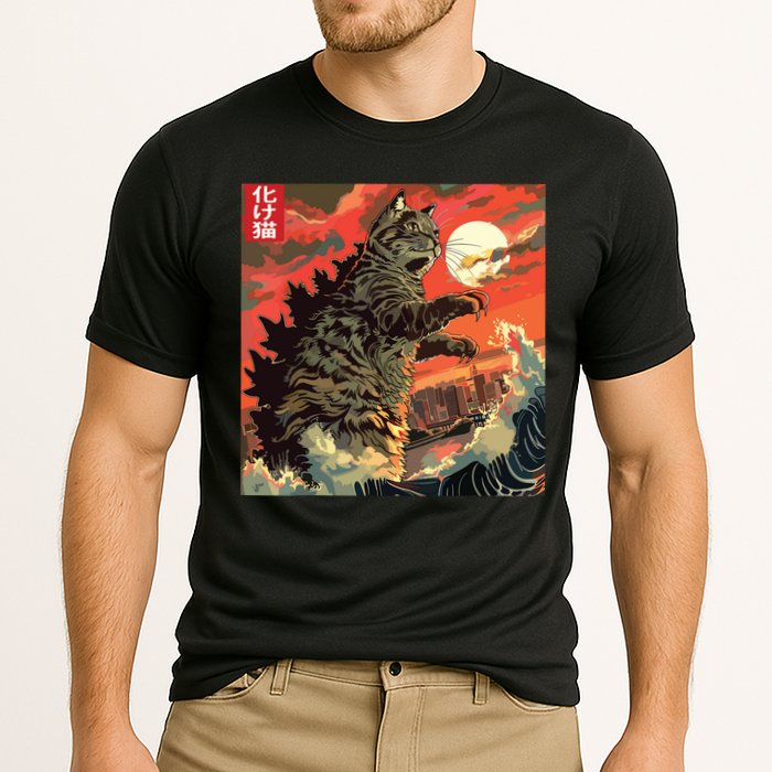 Catzilla Attacking Japan Funny Cute Cat Anime Style Cooling Performance Crew T-Shirt