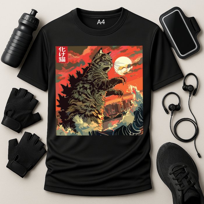 Catzilla Attacking Japan Funny Cute Cat Anime Style Cooling Performance Crew T-Shirt