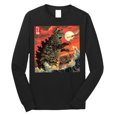 Catzilla Attacking Japan Funny Cute Cat Anime Style Long Sleeve Shirt