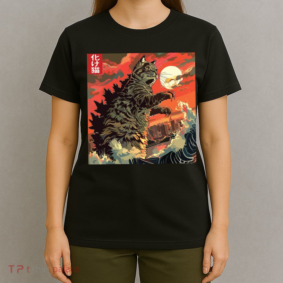 Catzilla Attacking Japan Funny Cute Cat Anime Style T-Shirt