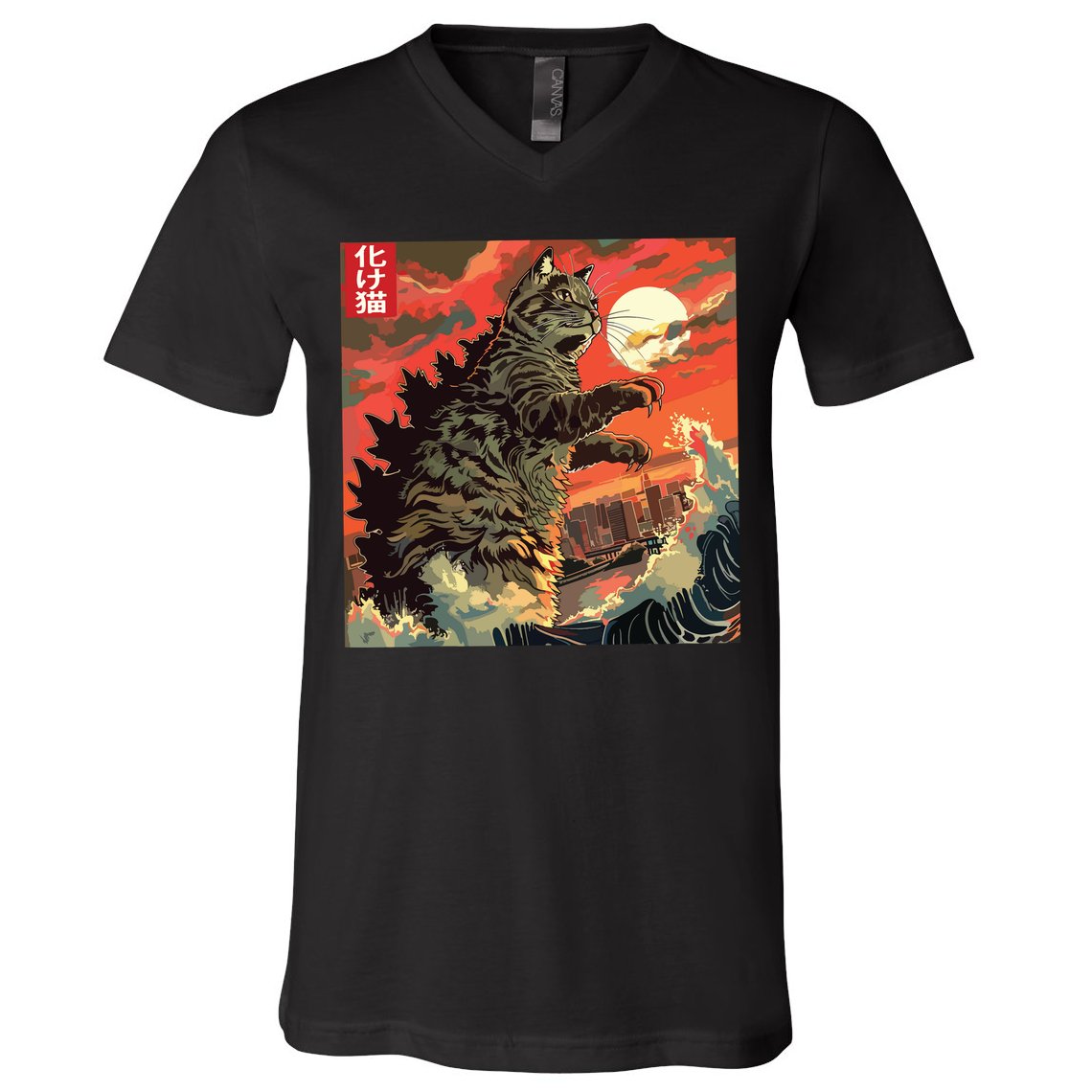 Catzilla Attacking Japan Funny Cute Cat Anime Style V-Neck T-Shirt