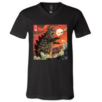 Catzilla Attacking Japan Funny Cute Cat Anime Style V-Neck T-Shirt