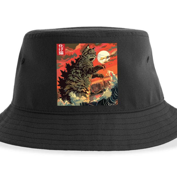 Catzilla Attacking Japan Funny Cute Cat Anime Style Sustainable Bucket Hat