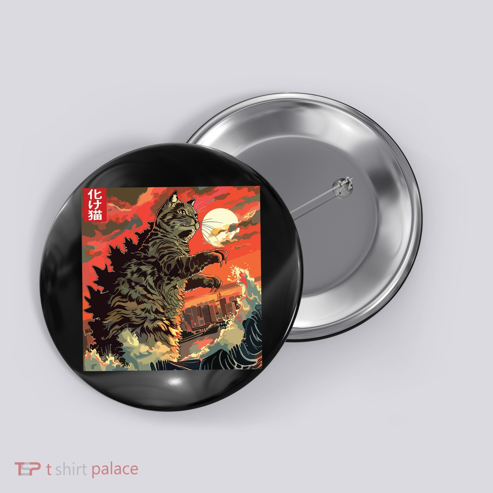 Catzilla Attacking Japan Funny Cute Cat Anime Style Button