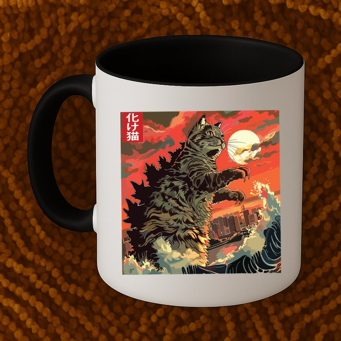 Catzilla Attacking Japan Funny Cute Cat Anime Style Mug