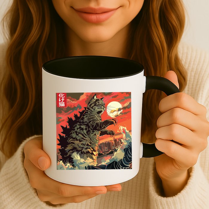 Catzilla Attacking Japan Funny Cute Cat Anime Style Mug