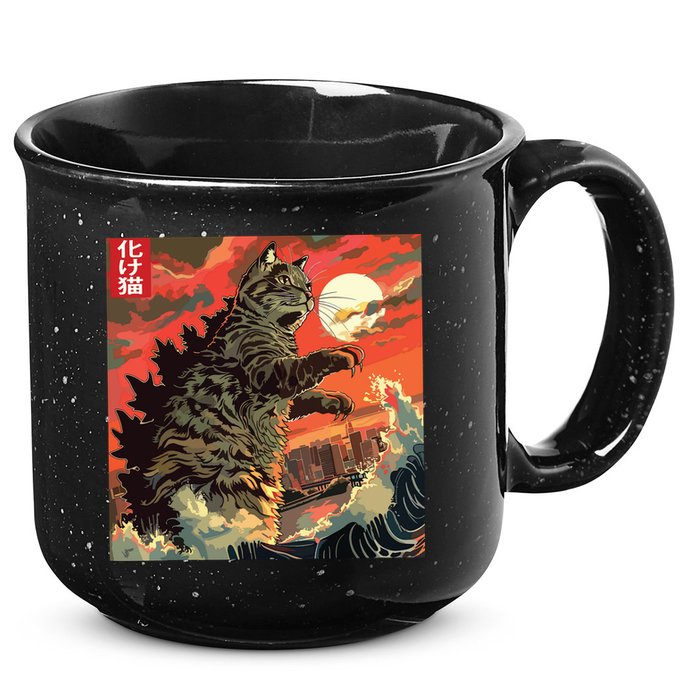 Catzilla Attacking Japan Funny Cute Cat Anime Style 15oz Campfire Ceramic Mug
