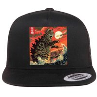 Catzilla Attacking Japan Funny Cute Cat Anime Style Flat Bill Trucker Hat