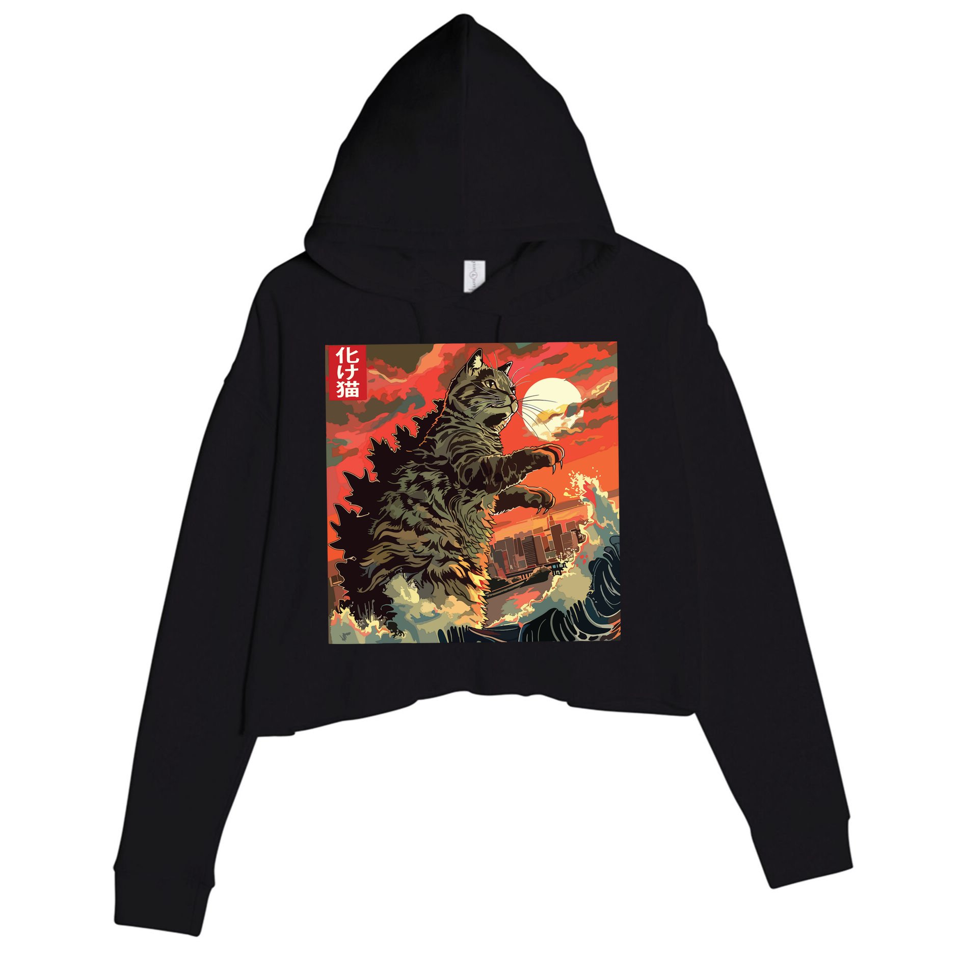 Catzilla Attacking Japan Funny Cute Cat Anime Style Crop Fleece Hoodie