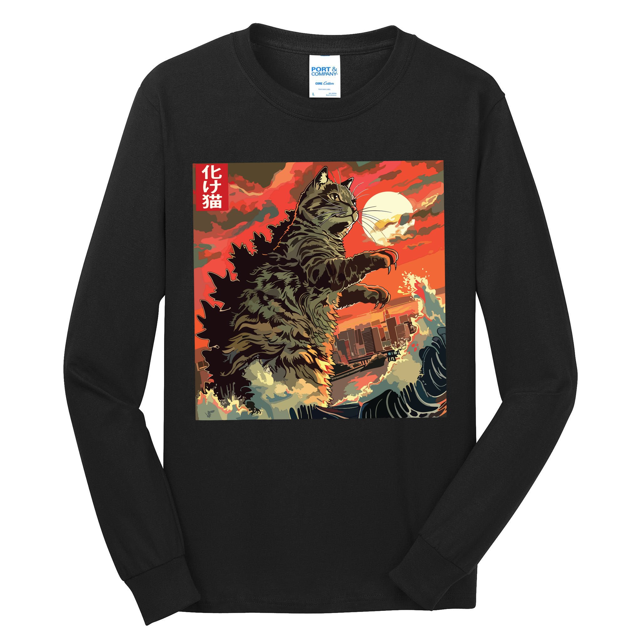 Catzilla Attacking Japan Funny Cute Cat Anime Style Tall Long Sleeve T-Shirt