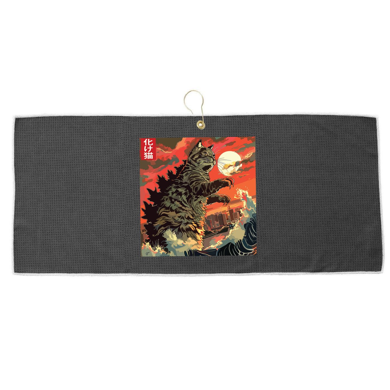 Catzilla Attacking Japan Funny Cute Cat Anime Style Large Microfiber Waffle Golf Towel