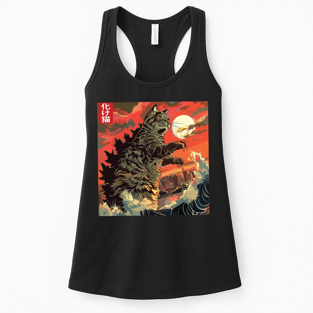 Catzilla Attacking Japan Funny Cute Cat Anime Style Womens Tank Top