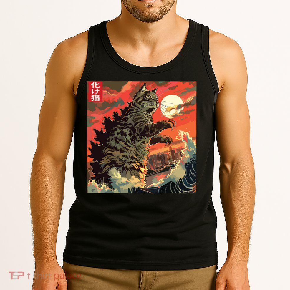 Catzilla Attacking Japan Funny Cute Cat Anime Style Tank Top