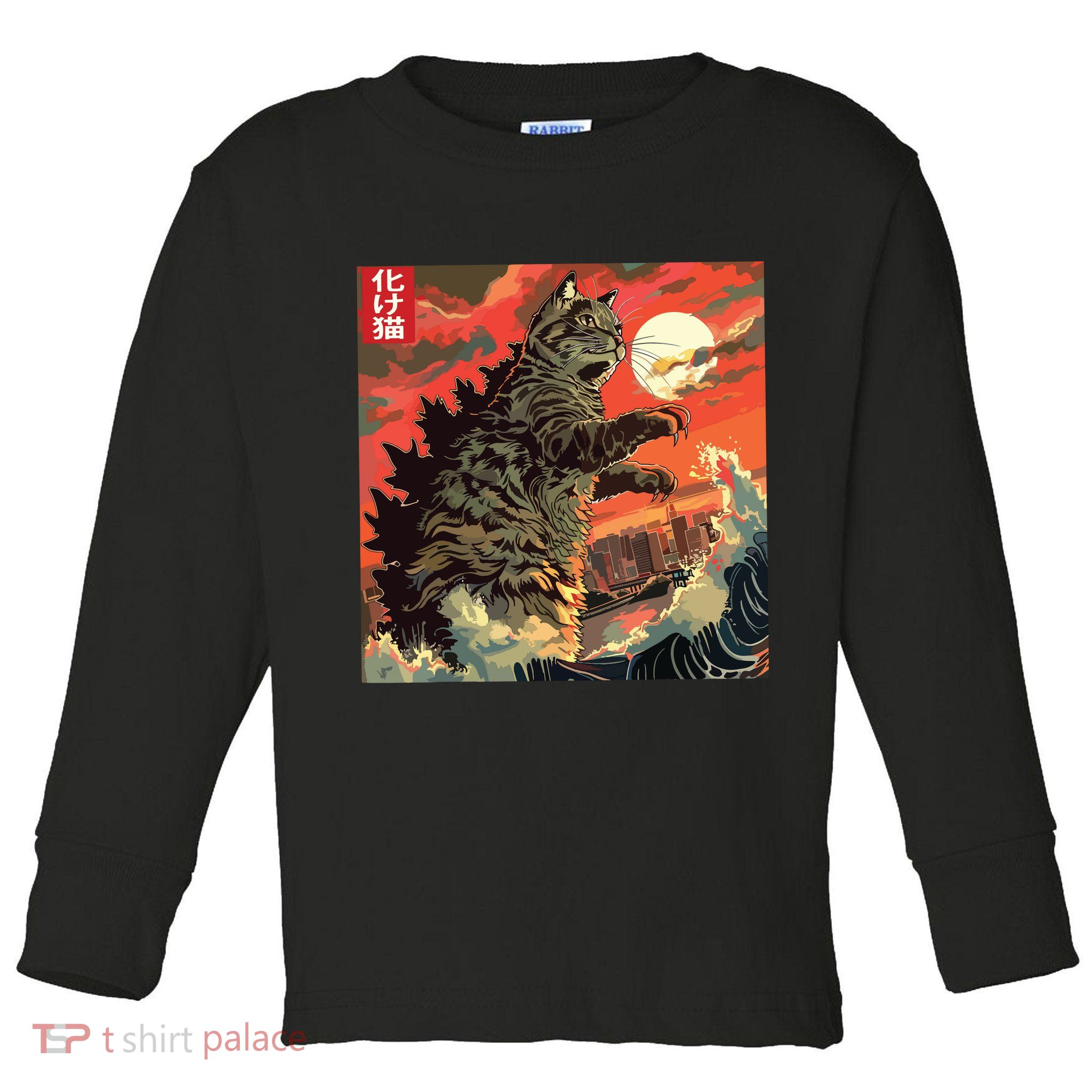 Catzilla Attacking Japan Funny Cute Cat Anime Style Toddler Long Sleeve Shirt