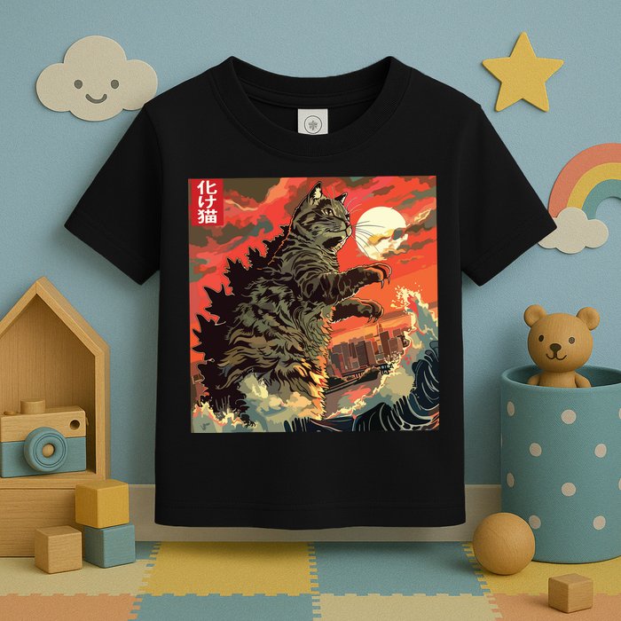 Catzilla Attacking Japan Funny Cute Cat Anime Style Toddler T-Shirt