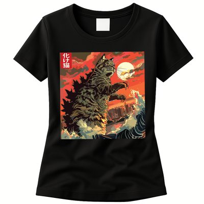 Catzilla Attacking Japan Funny Cute Cat Anime Style Womens T-Shirt