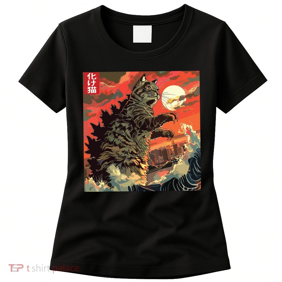 Catzilla Attacking Japan Funny Cute Cat Anime Style Womens T-Shirt