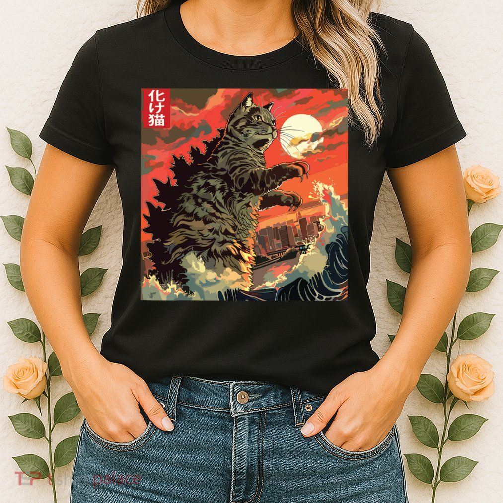 Catzilla Attacking Japan Funny Cute Cat Anime Style Womens T-Shirt