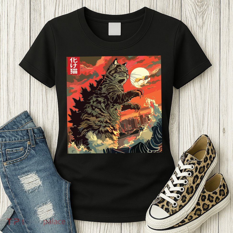 Catzilla Attacking Japan Funny Cute Cat Anime Style Womens T-Shirt