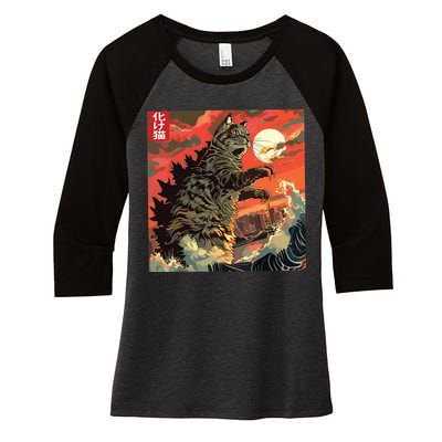 Catzilla Attacking Japan Funny Cute Cat Anime Style Women's Tri-Blend 3/4-Sleeve Raglan Shirt