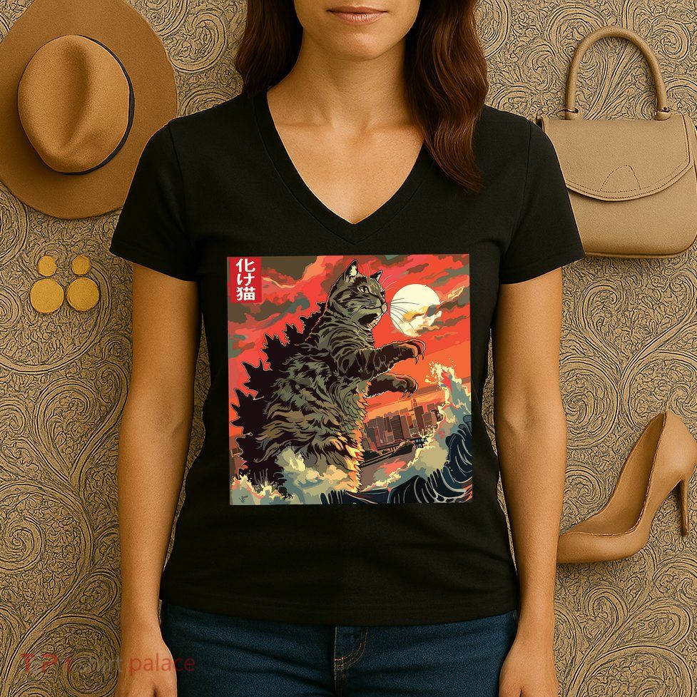 Catzilla Attacking Japan Funny Cute Cat Anime Style Women's V-Neck T-Shirt