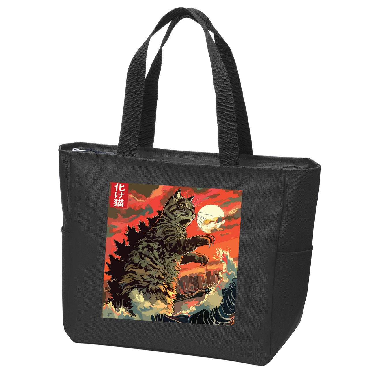 Catzilla Attacking Japan Funny Cute Cat Anime Style Zip Tote Bag