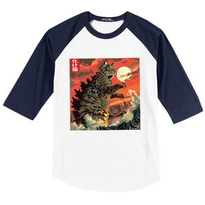 Catzilla Attacking Japan Funny Cute Cat Anime Style Baseball Sleeve Shirt