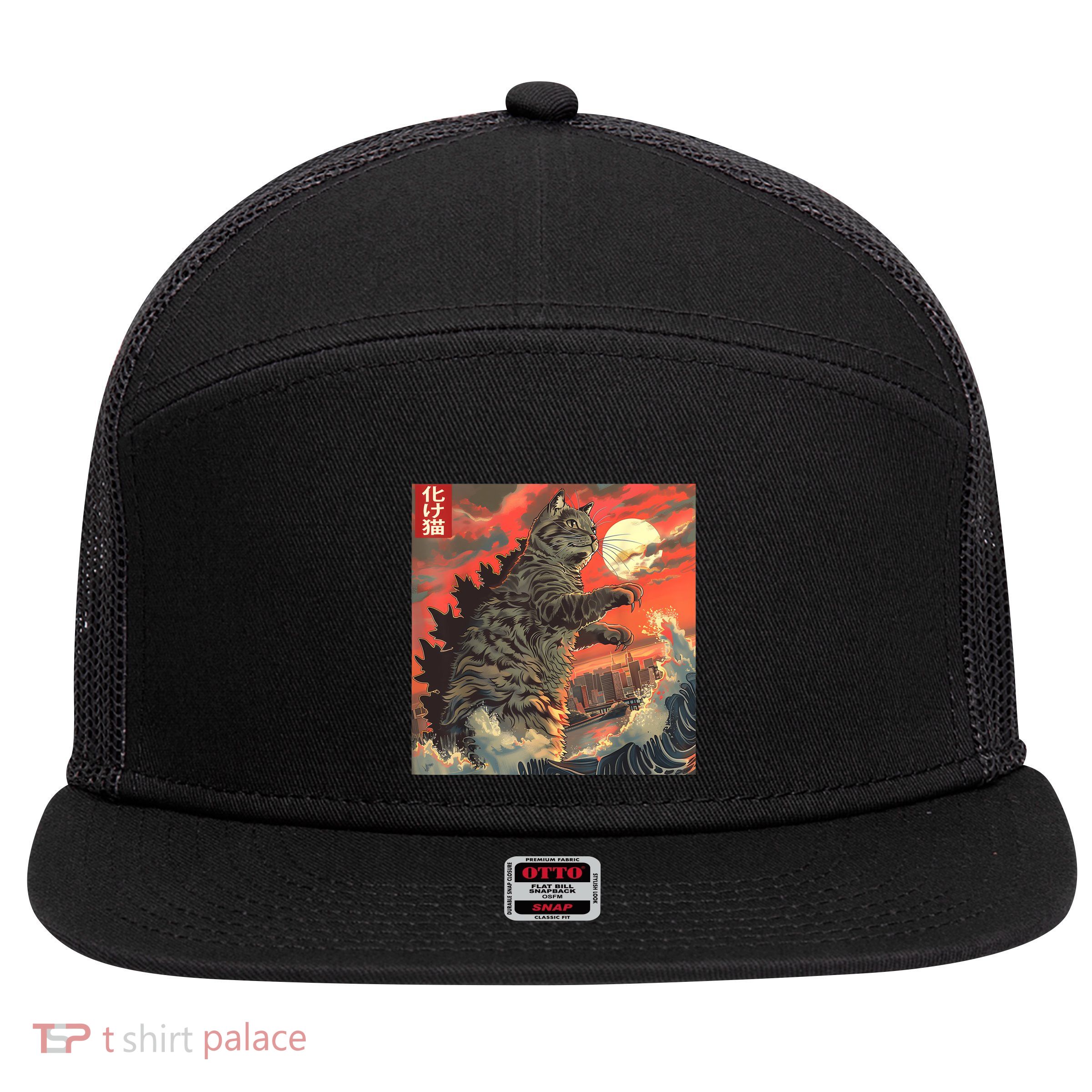 Catzilla Attacking Japan Funny Cute Cat Anime Style 7 Panel Mesh Trucker Snapback Hat