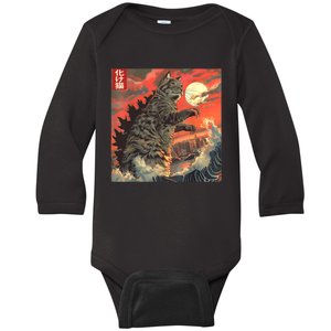 Catzilla Attacking Japan Funny Cute Cat Anime Style Baby Long Sleeve Bodysuit