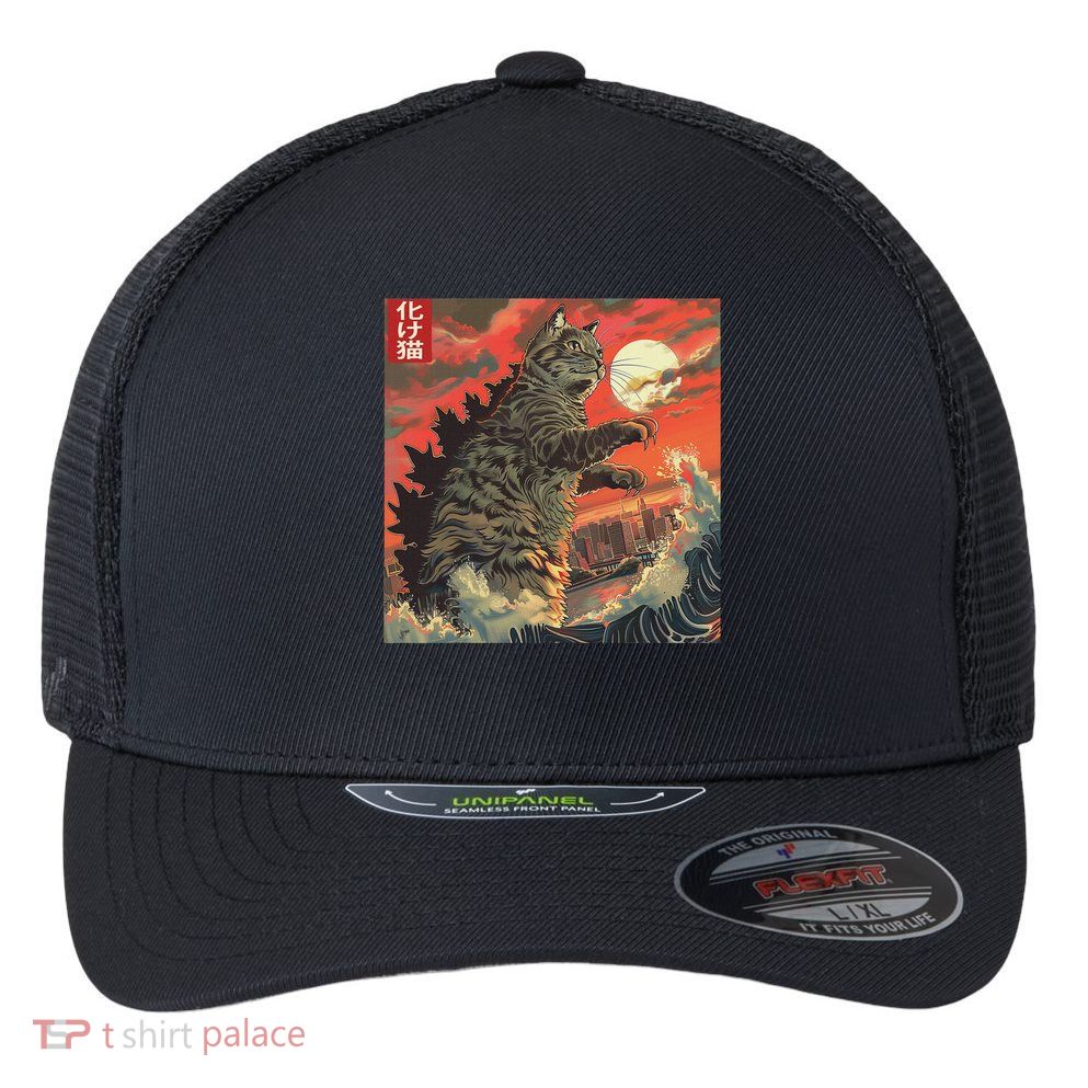 Catzilla Attacking Japan Funny Cute Cat Anime Style Flexfit Unipanel Trucker Cap