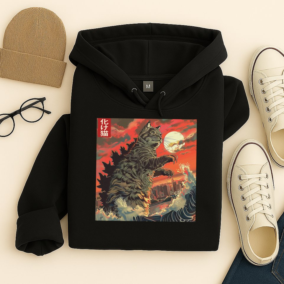 Catzilla Attacking Japan Funny Cute Cat Anime Style Hoodie