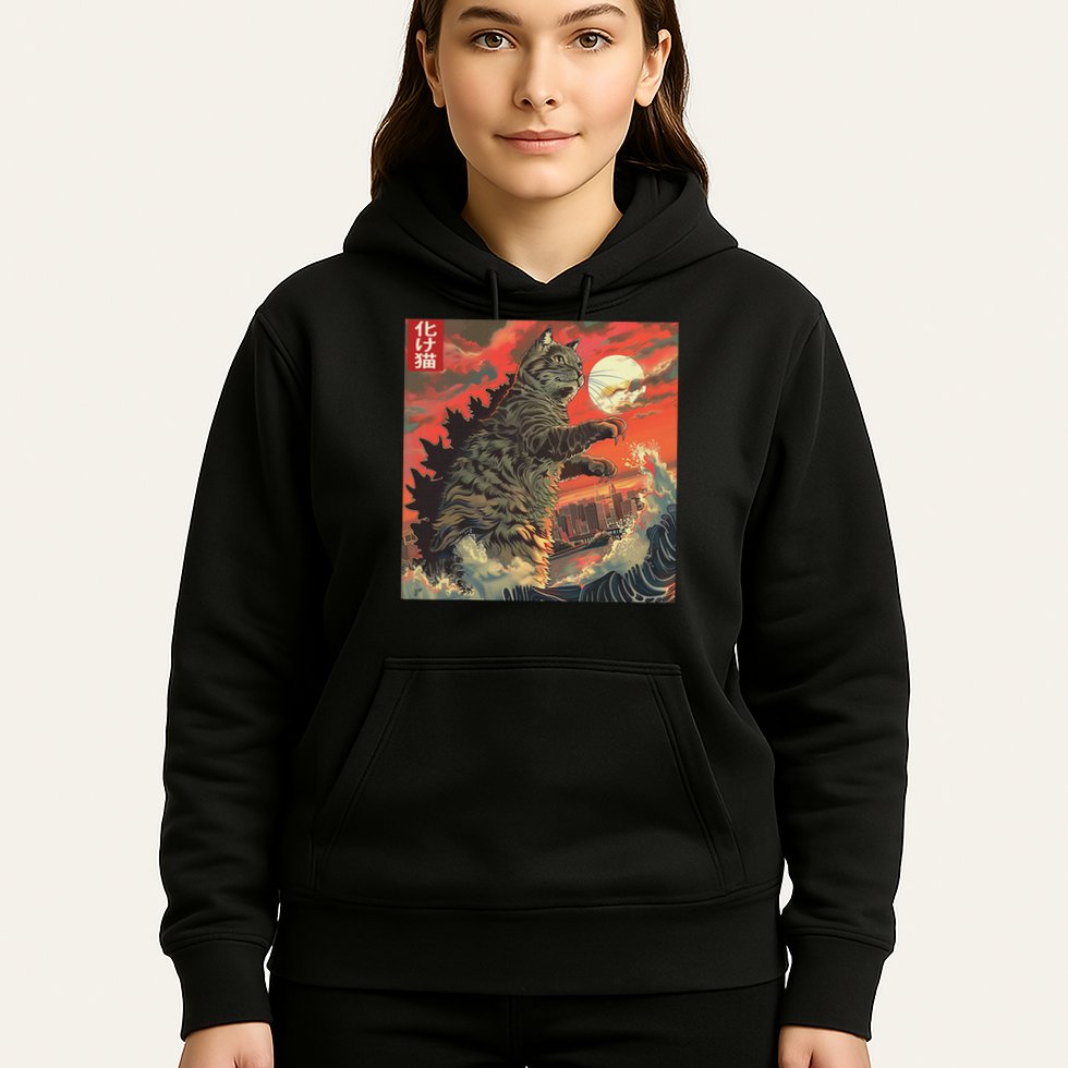 Catzilla Attacking Japan Funny Cute Cat Anime Style Hoodie