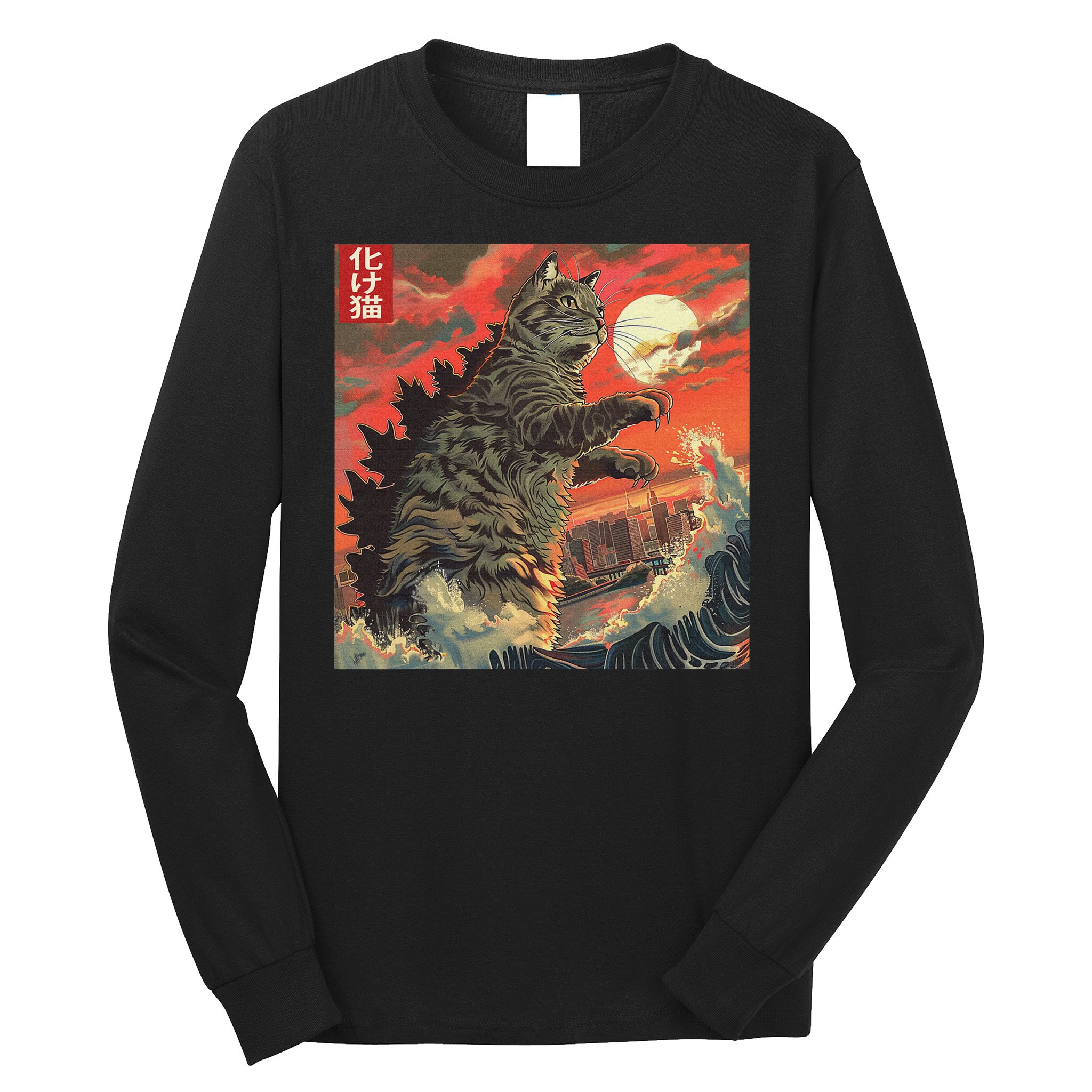 Catzilla Attacking Japan Funny Cute Cat Anime Style Long Sleeve Shirt
