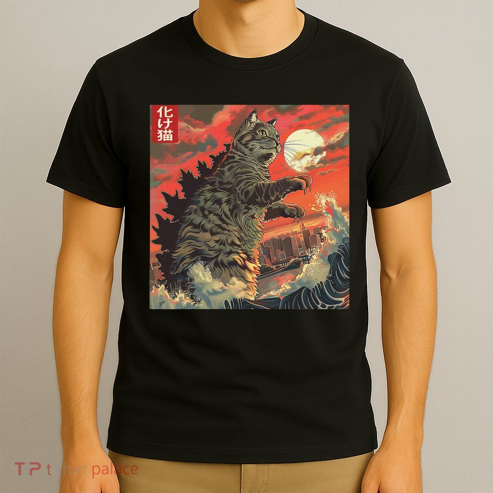 Catzilla Attacking Japan Funny Cute Cat Anime Style T-Shirt