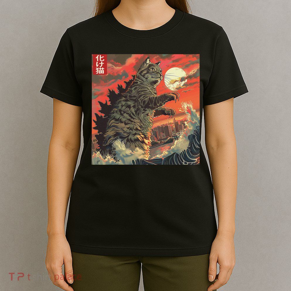 Catzilla Attacking Japan Funny Cute Cat Anime Style T-Shirt