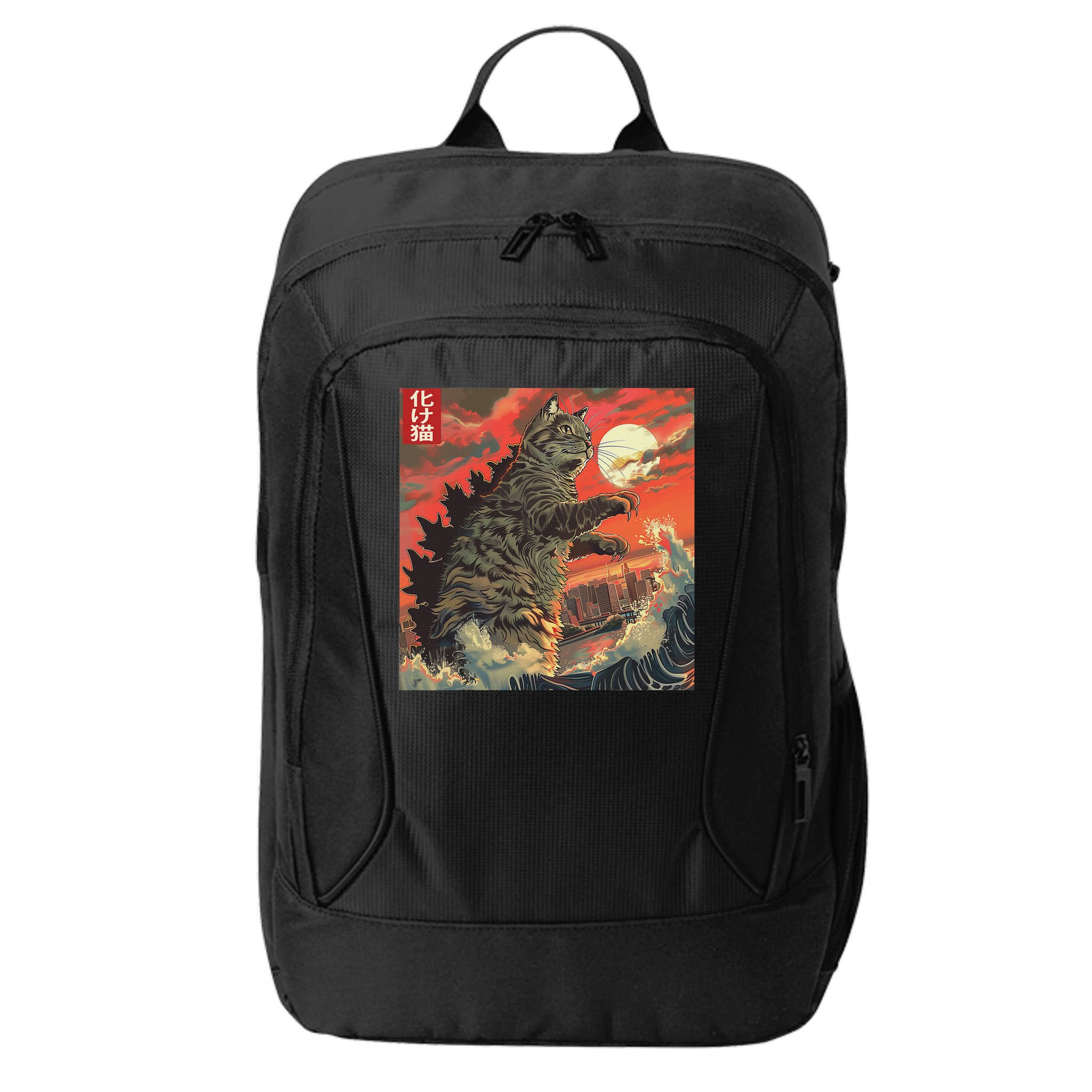 Catzilla Attacking Japan Funny Cute Cat Anime Style City Backpack